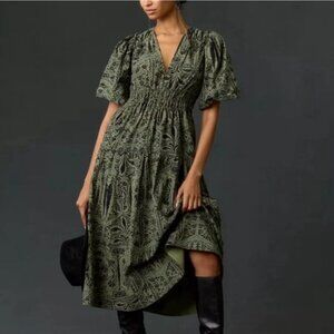 Pilcro Anthropologie Corduroy Ruched Printed Midi Dress Green